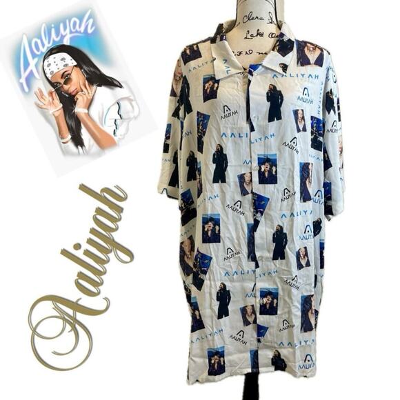 AALIAH BUTTON DOWN SHIRT SZ XXL PRINCESS OF R&B HIP HOP AALIAH PRINT ALL OVER - Picture 1 of 16